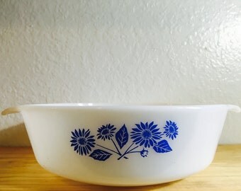 Vintage Anchor Hocking Fire King Blue Floral Casserole Dish - 2 QT Made in USA Blue and White