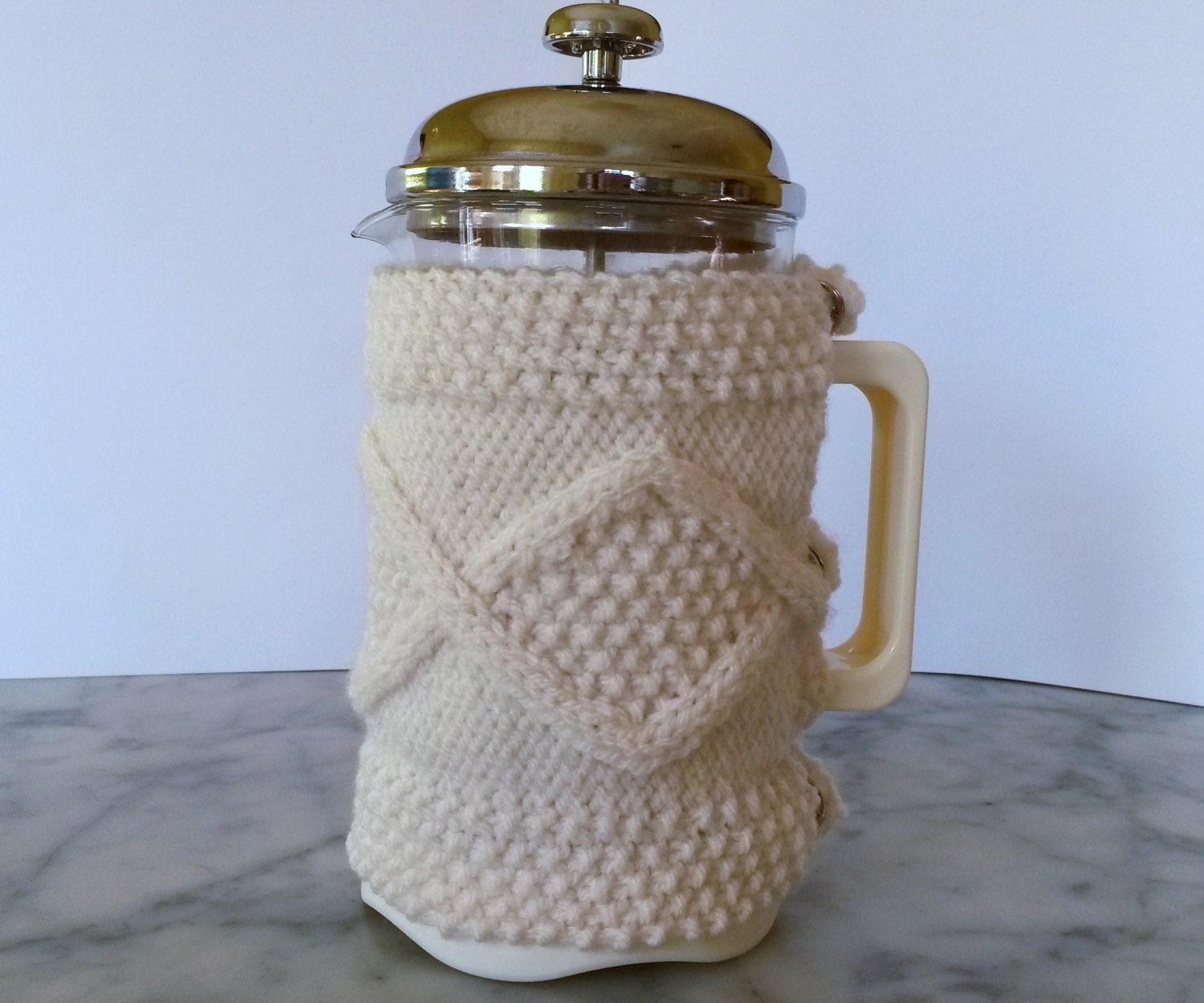Cafetiere Cosy Aran knit coffee pot cosy. Made in Ireland.
