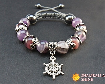 Amethyst charm bracelet Natural healing gemstone Purple grey jewelry Traveling beaded bracelet Silver helm Gift for friend Meditation stone