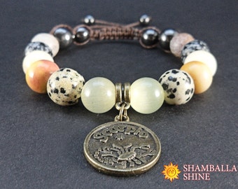Scorpio pendant jewelry Round gem bracelet Zodiac women jewelry Beige beaded bracelet November natural birthstone Multi gemstone jewelry