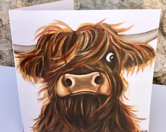 Highland Cow card - Scottish cow blank card - cute art card - animal art card - greeting card - square art card