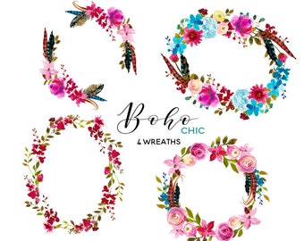Pink Floral Boho Chic Wreaths Clip Art Watercolor Flowers Roses Peonies Clipart Set Digital DIY Invitation Frames PNG Nursery