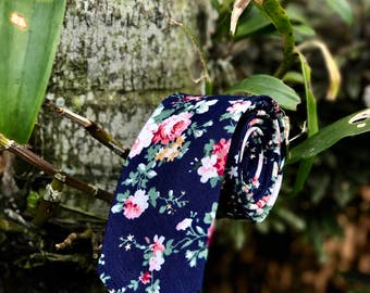 Dark Blue Floral Tie,Retro Tie, Casual, Men's, Groomsmen , Vintage , Handmade , Wedding ,Gift ,Skinny, Classic, Necktie,Prom,Boyfriend