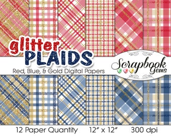 Glitter Plaid Red, Navy Blue & Gold Digital Papers, 12 Pieces, 12" x 12", High Quality JPEGs, Instant Download Commercial Scrapbook tartan