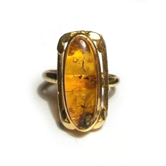 Amber Fly Ring Vintage Insect Large Gold Adjustable Statement