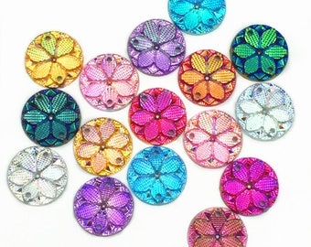 Sew On Flower, Flower Embellishments, Flower Applique, 15mm Flowers, Flower Decoden, AB, Sew On, Flower Buttons, AB Buttons, Resin Buttons,