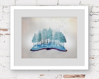 green forest art print, book lover art, book illustration print, forest landscape art, nursery art print, childrens art, teen room art print