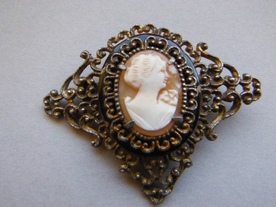 Filigree Carved Shell Cameo Collar Brooch Pin by WhimsicalFig steampunk buy now online