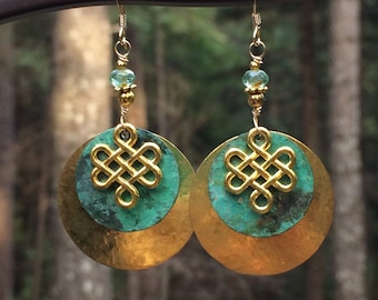 Celtic earrings, Celtic jewelry, hammered brass, patina, Irish, wire wrapped, Saint Patrick's Day