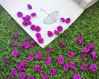 Silken Purple Satin Roses Applique (15mm each- 20pcs/ 50 pcs), Tiny Rolled Rose Buds, Small Sew on Flower, Headband, Mini Craft Bows