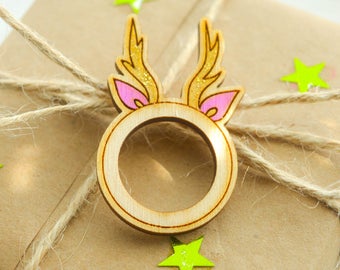 Wooden Ring, Cute Wooden Ring, Hand Painted, Laser Engraved Ring, Deer Ring, Horn Ring