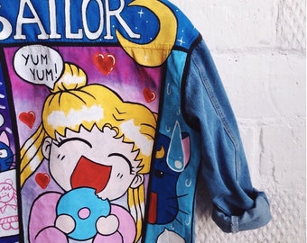 Sailor Moon hand painted denim jacket, painted clothing