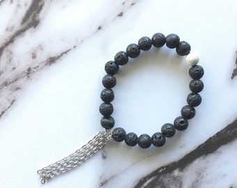 Lava Rock Chain Bracelet by Sarahndipity Jewelry || beaded, stretch, stackable, black, silver