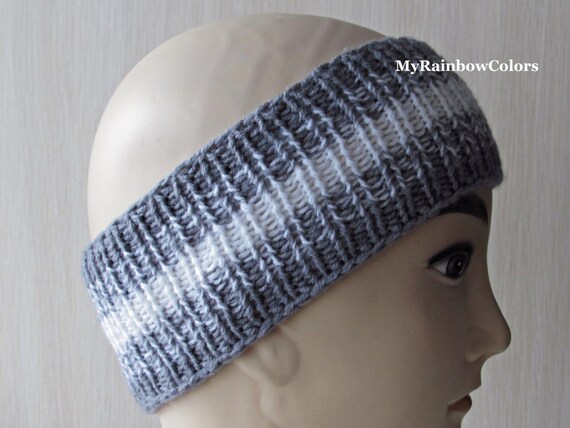 Grey White Knit Headband Striped Headband Knit Head Wrap