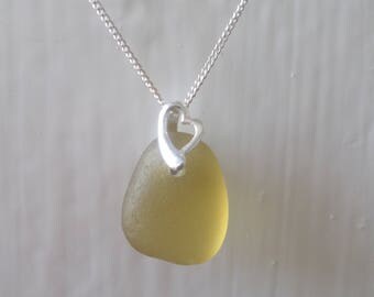 Dainty Warm Lemon Sea Glass Sterling Silver Necklace Pendant, Seaglass, Beach Glass, Beach Jewelry, Sea Glass Pendant, Seaham