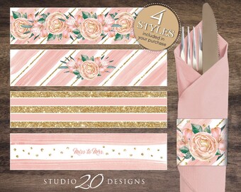 Instant Download Floral Watercolor Napkin Rings, Printable Pink Gold Bridal Shower Napkin Wraparounds, Pink Miss to Mrs. Napkin Rings 28A