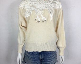 Vtg 70s 80s batwing leather bird applique cocoon ivory sweater by suzelle medium