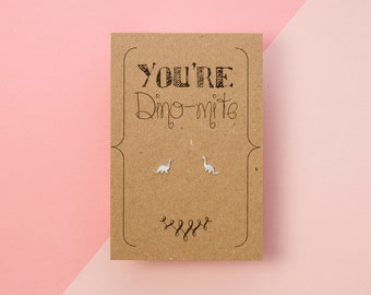 Silver Dinosaur Earrings with Hand Designed Kraft Gift Card