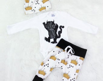 Where the wild things are baby/I love you so I'll eat you up/I love you so outfit/max monster/crown pants/birthday/ coming home outfit