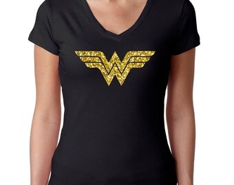 Next Level Perfect Sporty 'Wonder Woman' V-Neck Tees In Silver and Gold Glitter Logos