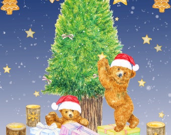 Party Bear, Watercolor Christmas Clipart, Winter Clipart, Woodland Holiday clipart, Christmas tree, Watercolor bears, Gift, Forest animal