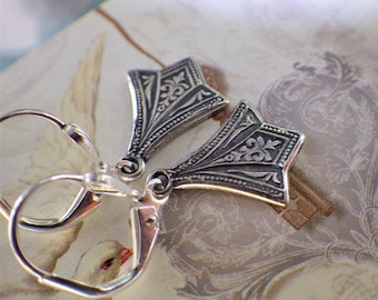 Sterling Silver Plated ~ Small ~ Silver Earrings ~ Silver Art Deco ~ Small Silver Dangle ~ Embossed Solid ~ by WakesTheDawn