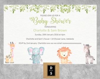 baby shower, invitation, boy, girl, neutral, printable, watercolor, lion, elephant, games, books for baby, jungle, green