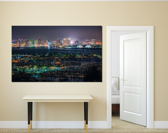 San Diego Bay night art photo print, San Diego at night wall art, cityscape modern decor on canvas, San Diego skyline contemporary wall art