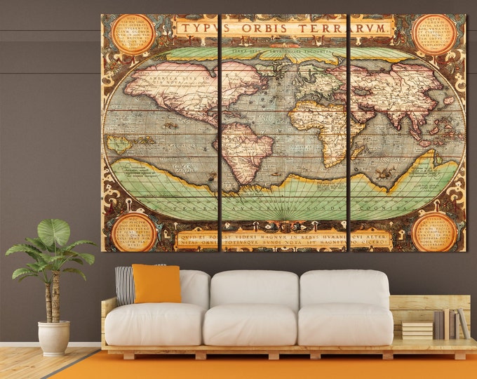Vintage Canvas World Map wall art, Large old World Map Canvas 3 or 5 Panels Wall art Vintage Map Old Map Wall Print wall art canvas old map