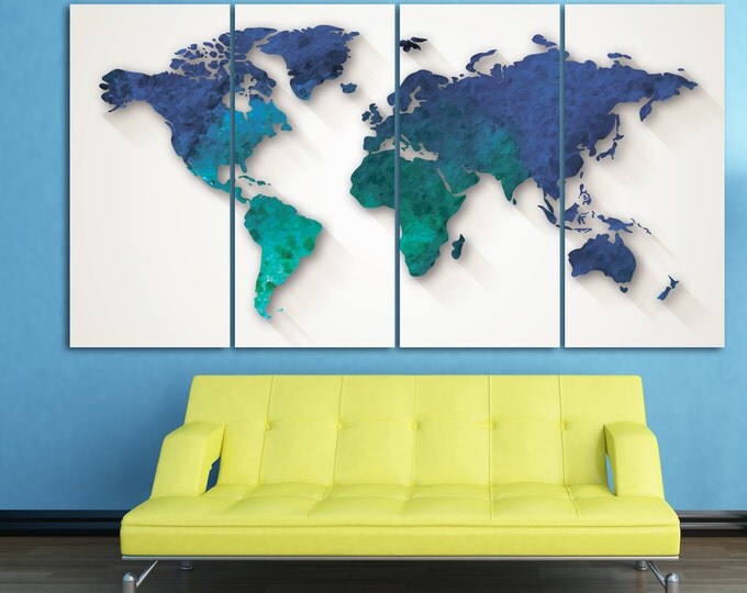 Aquamarine Large World Map Poster Canvas Set Panels , aquamarine map aqua word map / 5 Panels on Canvas Wall Art for Home & Office Decor