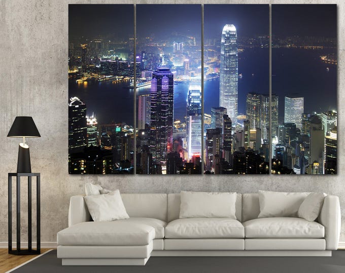 Hong kong skyline canvas print, Hong Kong night cityscape wall art, Hong Kong set of 3 panel wall art, Night cityscape, night city skyline