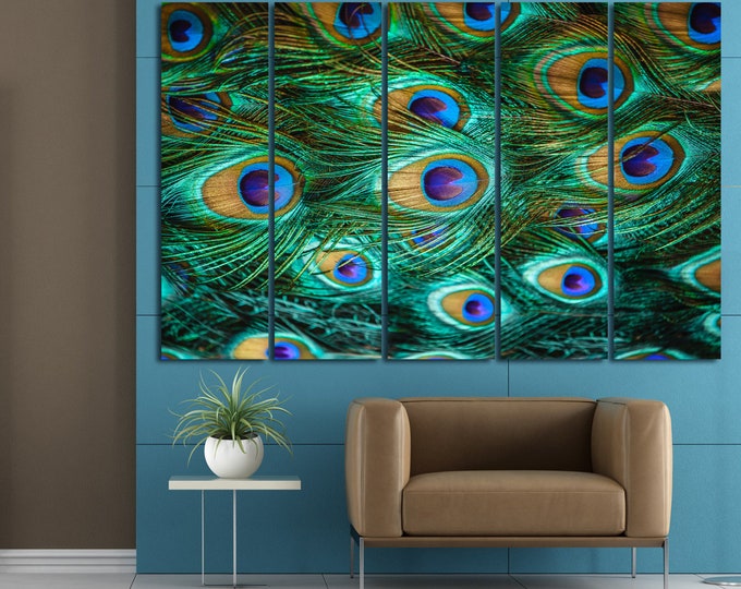 Peacock feather psychedelic abstract digital wall art print set of 3 or 5 panels, abstract digital peacock wall art decor print art canvas