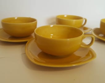 ON SALE, Yellow Teacups, Paden, Vintage Porcelain, Paden City Pottery, Padden City Cups, Mustard Yellow Cups, American Pottery, Teacup Set