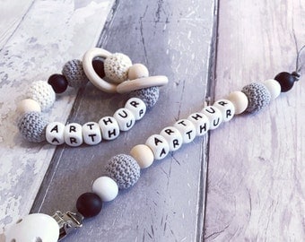 Crochet dummy clip to match teether / 'Arthur' Toy clip / personalised / Fiddle beads / Chewelery / Pacifier / Baby shower gift /