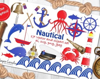 Nautical clipart set, nautical vector set, sailing clipart, sailing vectors, anchor, compass, dolphin, whale, octopus, boat and more!