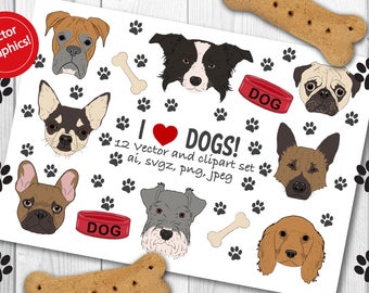 Dogs clipart set, dogs vector set, pug clipart and vectors, french bulldog clipart and vectors, chihuahua clipart and vectors, boxer clipart