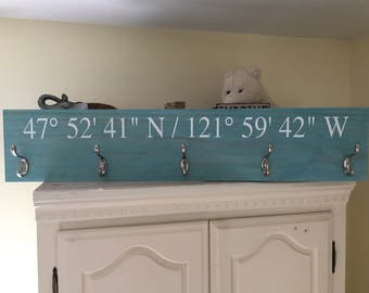 3ft (36") Custom Coat Rack Hanger GPS Coordinates - Longitude and Latitude Sign - Housewarming - Entryway Sign - Wedding Gift - Rustic Home
