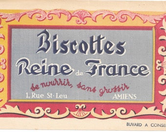 French Blotter Paper, Biscottes Reine de France, Amiens, 1930s Decorative Ephemera