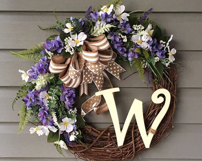 Monogram Wreath, Initial Grapevine Wreath, Summer Wreath, Letter Wreath, Personalized Gift, Gift for Her, Cottage Chic, Home Decor