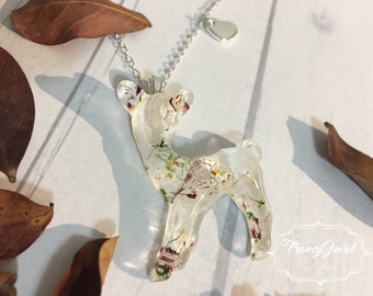 OOAK, fawn, fawn necklace, silver necklace, dried flower resin, flower jewelry, sterling silver plated, Christmas gift, made in Italy