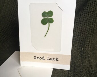 Greeting Card with Real Four Leaf Clover Laminated Wallet Card/Bookmark (Good Luck)