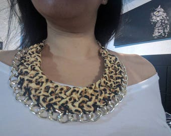 Braided leopard print necklace, Statement necklace, chunky bib necklace