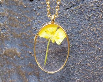 Real flower necklace, dainty botanical jewelry, terrarium necklace, yellow flower necklace, gold botanical necklace