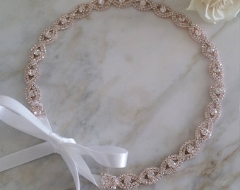 Rose Gold Bride Headband/Bridesmaid Headband/ Flower Girl Headband/ Rhinestone Sparkle Crystal Wedding Headband/ Tieback Hairband