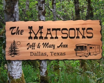 C-01c Custom personalized hand crafted deep carved western red cedar wood sign camper, RV, fifth wheel trailer, motor home, name, address