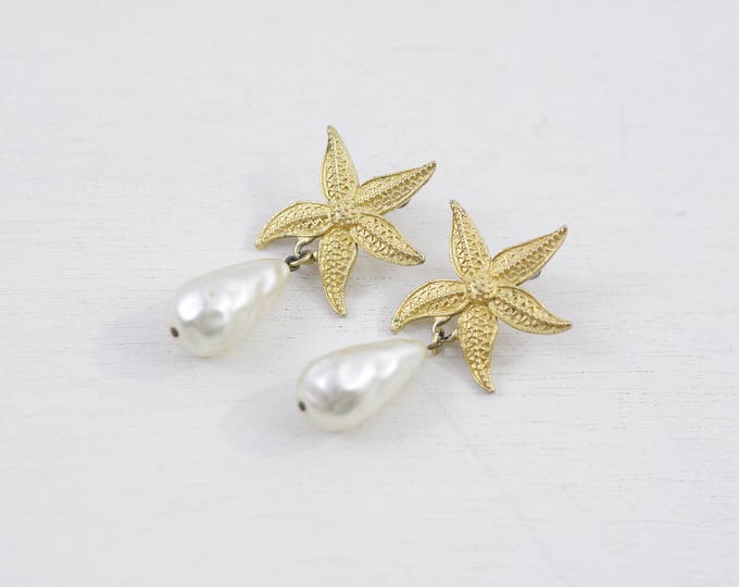 vintage signed earrings, Jonette Jewelry earrings with starfish and faux pearls, signed J.J., retro beach diva, collectible jewelry