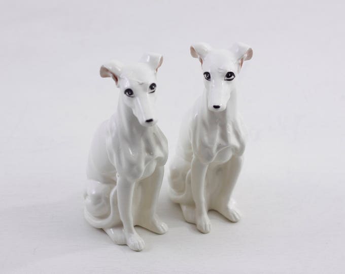 White porcelain dog figurines, whippet hound statues, set of 2, vintage home decor, greyhound figurine 17.5 cm // 7" tall