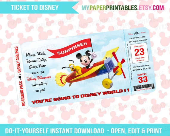 Printable Ticket To Disney DIY Personalize INSTANT DOWNLOAD