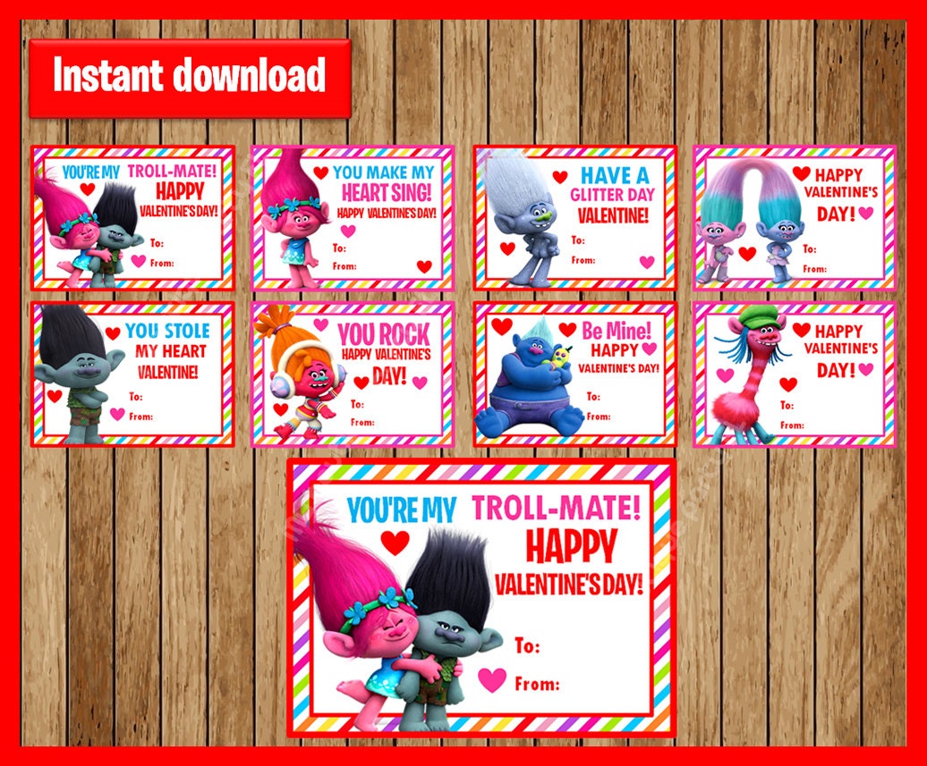 Trolls Valentine s Day Cards Instant Download Printable