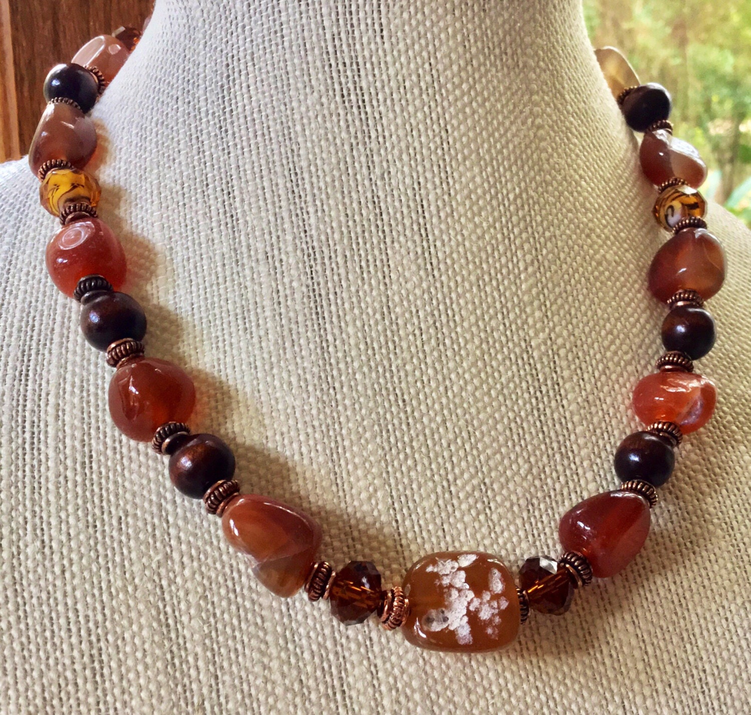 Rusty gold copper and shades of topaz agate beaded necklace